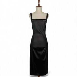 Vintage Sleeveless Dress Women’s L Black LBD Rhinestone Square‎ Neck Sheath Midi